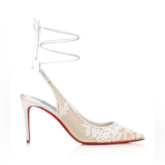 CHRISTIAN LOUBOUTIN White Kate Lace Pumps Size 38 US 8 Lace Up Satin Trim Heels - Picture 14 of 15